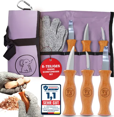 Produktbild von Eli®Schnitzmesser Kinder Set ab 6 Jahre, hochwertiges 5-teiliges Kindermesser Schnitzset inkl. schnittfeste Handschuhe, Kinderschnitzmesser, Messer