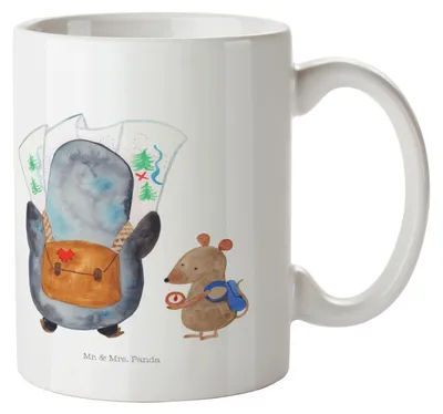 Produktbild von Mr. & Mrs. Panda Kaffeetasse Pinguin & Maus Wanderer - Weiß - Geschenk, Kaffeebecher, Tasse mit Spruch, Pinguine, Keramiktasse, Abenteuer, Wandern, Becher