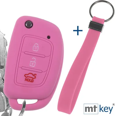Produktbild von Auto Schlüssel Silikon Schutz Hülle + Schlüsselband Rosa Kompatibel mit Hyundai i10 i20 ix25 ix35 i40 Accent Tucson 3 Tasten Klappschlüssel