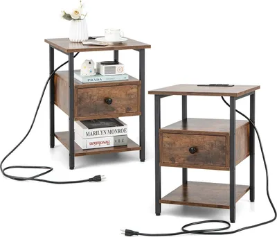 Two identical nightstands are shown against a white background, with one in the foreground and the other slightly behind and to the left. Both nightstands have a rustic brown wood finish and black metal frames. The nightstand in the foreground has a drawer