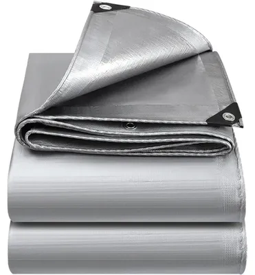 Zdjęcie produktu dla Plancha ochronna, 6x8 metrów, srebrna, wodoodporna, z oczkami, gramatura 130g/m². Wytrzymała na rozdarcia, odporna na promieniowanie UV, odporna na pleśń