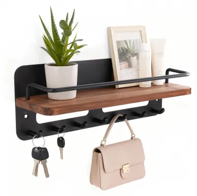 Produktbild von Schlüsselbrett mit Ablage und 7 Haken, Holz, kein Bohren erforderlich, Wandorganizer für Eingangsbereich, Flur, Wohnzimmer, Schlafzimmer