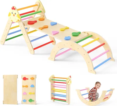 Image de Structure d'escalade Montessori 7 en 1 - Structure d'escalade d'intérieur - Bois - Réglable - Pour jeunes enfants - Jaune