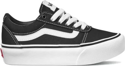A side view of a black Vans Ward Platform Sneaker for juniors.
