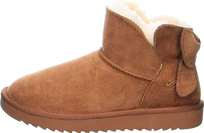 A side view of a brown winter boot with white lining.