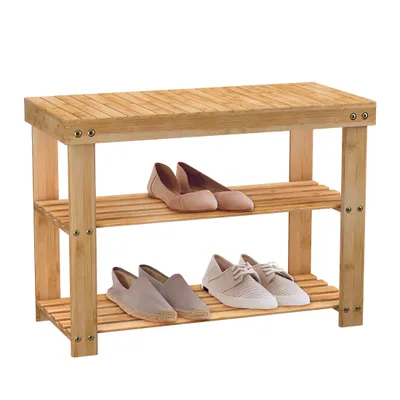 Produktbild von Schuhregal Schuhbank Schuhschrank Schuhablage Holz mit Sitzbank 3 Ablagen aus Bambus Natur