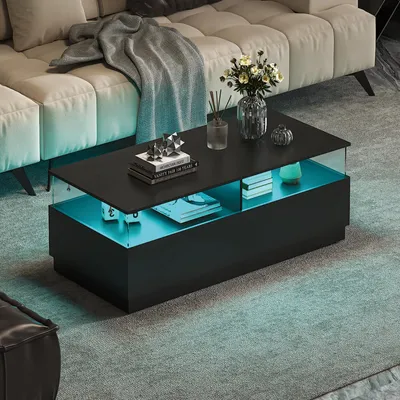 Produktbild von Radelldar Couchtisch mit LED-Beleuchtung Wohnzimmertisch Beistelltisch mit 2 Acryltüren-Schubladen, 108x50x40cm, Schwarz