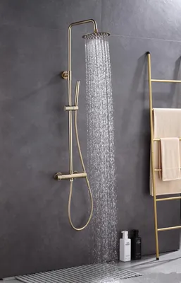 Produktbild von WEBO Atlanta Regendusche Set in Mat Gold Gebürstet – Thermostat, Handbrause & Duschkopf aus Edelstahl