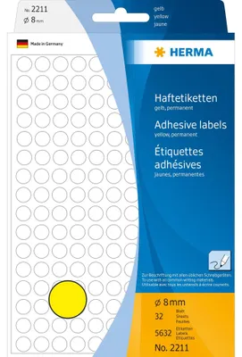 Obrázok produktu pre HERMA papier - permanentný samolepiaci - žltý - 8 mm okrúhly 5632 štítkov (32 listov x 176)