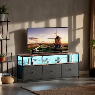 Obrázek produktu pro INONEFT Malá televizní skříňka s LED osvětlením, televizní stolek se 3 zásuvkami, televizní podstavec do obývacího pokoje, ložnice nebo chodby, rozměry 108x30x57 cm, černá barva