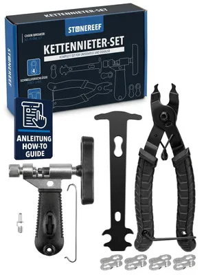 Produktbild von Kettennieter & Kettenwerkzeug Set – 4-in-1 Kit mit Kettentrenner, Kettenhalter, Kettenmesslehre (schwarz) & 8 Schnellverschlüssen