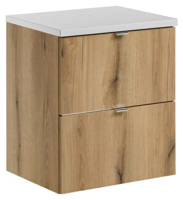 Immagine prodotto di Set da bagno sospeso VANO in finitura rovere e bianco 50cm: mobile sottolavabo con cassetti + piano per lavabo