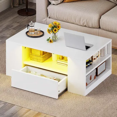 Produktbild von LED Couchtisch mit 2 Schubladen, Wohnzimmertisch Sofatisch, mit 16-Farben Beleuchtung, 95x55x37cm, Weiß