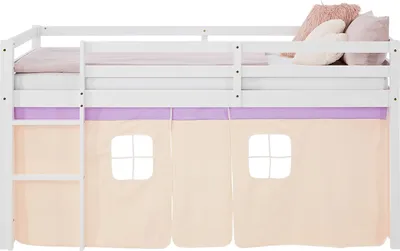 Produktbild von Homestyle4u Hochbett 90x200 mit Lattenrost Vorhang lila orange Kinderbett Weiß Holz Kiefer Massiv Stockbett