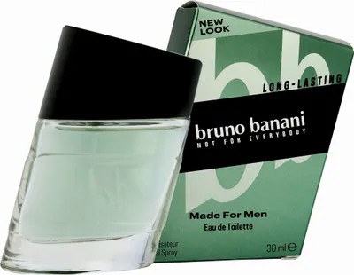 A bottle of Bruno Banani Made for Men Eau de Toilette and its packaging are shown against a white background.