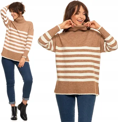 Zdjęcie produktu dla Damski sweter - sweter w paski, rozmiar XL - sweter z golfem, kolor beżowy - beżowy sweter