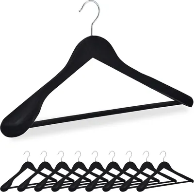 Image de Cintres en velours - Lot de 10 - Épaules larges - Barre pour pantalons - Crochets pivotants - Pour vestes et costumes - Noir