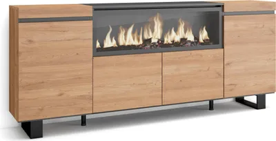A modern sideboard with a built-in electric fireplace, presented on a white background.