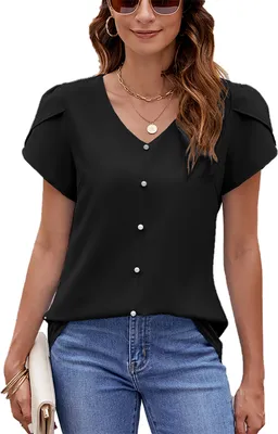 Produktbild von ASKSA Damen T-Shirt V-Ausschnitt Sommer Basic Elegant Einfarbig Laessig Arbeits Kurzarm Tunika Oberteile (Schwarz,XXL)