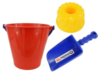 A red bucket, a blue shovel, and a yellow sand mold are arranged on a white background.