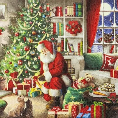 Obrázok produktu pre 20 servítok Santa nosí darčeky - Otec Vianoc usilovne rozdáva darčeky 33x33cm