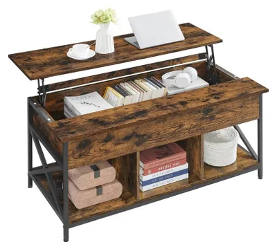 Zdjęcie produktu dla Stolik kawowy z regulowaną wysokością i miejscem do przechowywania | Kolor: brązowy i czarny w stylu vintage | Wymiary: 120x60x48-62 cm