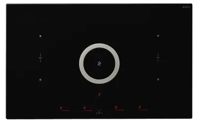 A top-down view of a black induction hob with a central circular extractor fan.