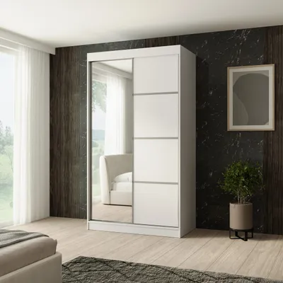 Produktbild von Schiebtürenschrank PACO 120 cm - Kleiderschrank inkl. 2 Schiebtüren Schrank mit Spiegel & Kleiderstange, Farbe: Weiß