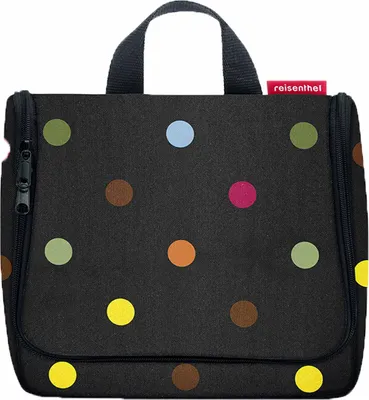 A black toiletry bag with colorful polka dots.