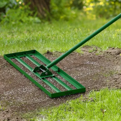 Image de Râteau niveleur pour pelouse, outil de nivellement de 91 cm x 25 cm, niveleur robuste avec manche télescopique en acier de 198 cm, râteau de nivellement pour jardin, terrain de golf et exploitation agricole