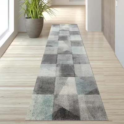 Produktbild von Teppich Karomuster in grau blau creme Größe - 80 x 300 cm