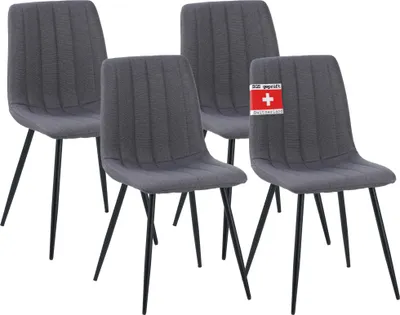 Four gray dining chairs are shown from a diagonal angle against a white background.