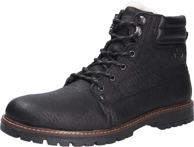 A black leather boot on a white background.