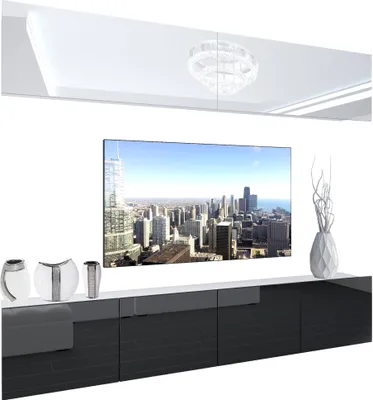 Produktbild von BELINI Wohnwand Vollausstattung Wohnzimmer-Set Moderne Schrankwand mit LED-Beleuchtung Weiß Glänzend Anbauwand TV-Schrank Weiß / Schwarz Glänzend