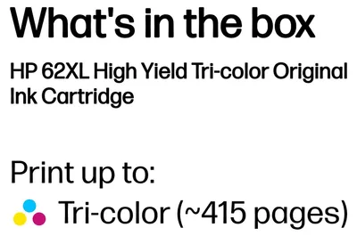 Produktbild von HP 62XL Cyan/Magenta/Gelb Original Tintenpatrone mit hoher Reichweite, Hoch, Cyan, Magenta, Gelb, Tinte auf Farbstoffbasis, 11,5 ml, 1 Stück(e), 415 Seiten