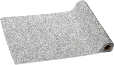 A roll of silver metallic table runner on a white background.
