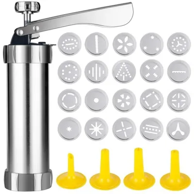 Imagen del producto de Máquina manual para hacer galletas con 20 discos y 4 boquillas, fabricada en aluminio, ideal para hacer galletas y otros productos de repostería