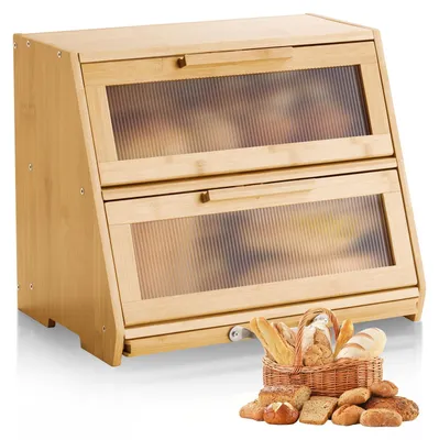 Produktbild von VEVOR Eck-Brotbox für die Küchenarbeitsplatte, doppelschichtige große Kapazität Bambus-Brotlagerbehälter, Bauernhaus-Holzbrotbox für hausgemachtes Brot, Aufbewahrungsbehälter mit akryl-welligem Tür, natürlich, Burlywood-a, Doppeldeck-a