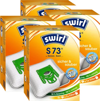 Four boxes of Swirl S 73 vacuum cleaner bags are arranged in a staggered formation against a white background.