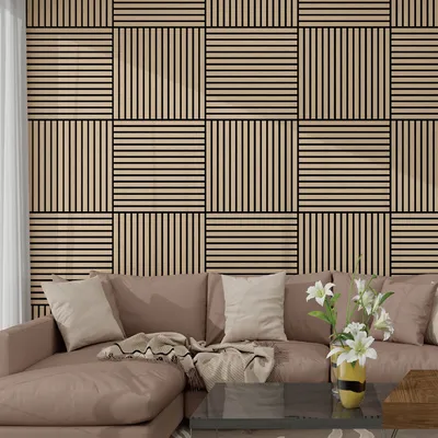 Image de 3D panneau mural acoustique set de 4 'Vang' avec lamelles rectilignes 1,44 m² aspect noyer, clair