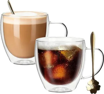 Produktbild von Doppelwandige Kaffee- und Teegläser mit Griff und Löffel - 250 ml Set