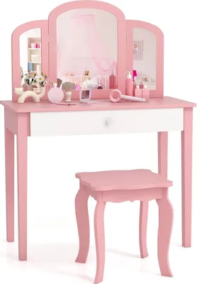 Produktbild von Kinder Schminktisch mit Hocker und abnehmbarem Spiegel, Kinderschminktisch aus Holz, Frisierkommode, Kosmetiktisch, Prinzessin Frisiertisch mit Schublade für Kinder Mädchen rosa