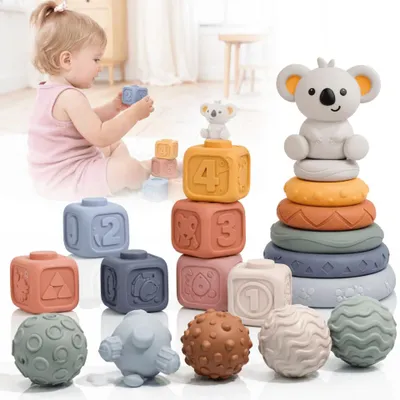 Zdjęcie produktu dla Primabobo klocki sensoryczne gumowe 19 szt., wieża Montessori z koalą