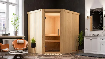 Produktbild von Karibu Sauna Heimsauna Innensauna KALLE 3 68mm Wandstärke 196 x 151 cm Sparset mit Ofen und Steuergerät