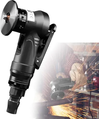 A pneumatic mini chamfering tool is shown in the foreground, with a blurred background image of a person using an angle grinder, creating sparks.