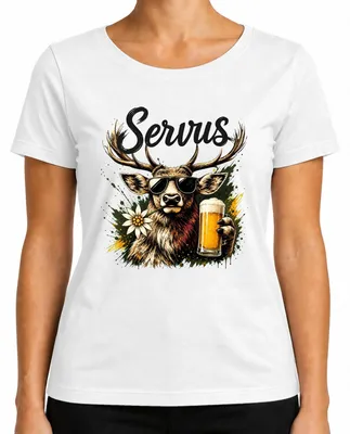Immagine prodotto di Servus Hirsch, birra bavarese, occhiali da sole, camicia tradizionale, pantaloni di pelle, t-shirt da donna, bianco, taglia M