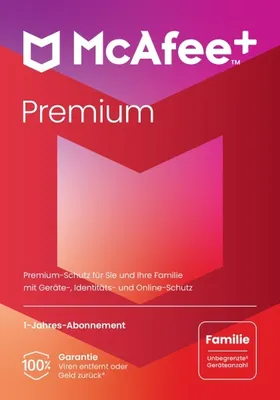 Produktbild von McAfee + Premium - Family, 1 Jahr, 1 lizenz, Windows/Mac OS/Android/iOS, 1 Lizenz(en), 1 Jahr(e), Code in einer Box