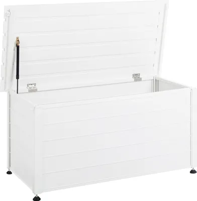 Produktbild von BELIANI Gartentruhe 330L Weiß Aluminium Wasserfest mit Schloss Abschließbar Holzoptik Kissenbox Auflagenbox Aufbewahrungsbox Gartenbox Terrasse