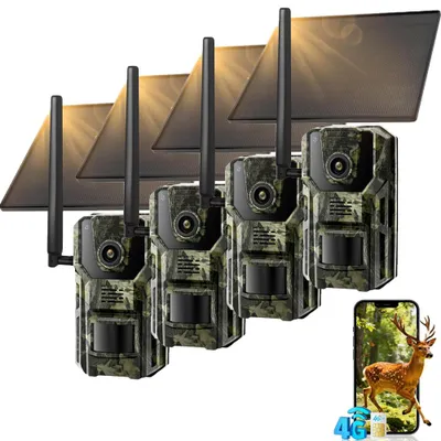 Image de 4 pièces 4G LTE caméra sauvage avec app & détecteur de mouvement 2K caméra de surveillance solaire extérieure avec carte SIM 7800mAh batterie Alarme-Push en temps réel AI détection