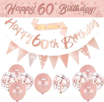 Produktbild von 14-teiliges Deko-Set zum 60. Geburtstag, roségoldene Partyartikel zum 60. Geburtstag, inklusive „Happy 60th Birthday“-Banner, Geburtstagsbänder, Dreieckswimpelkette, Konfetti und Latexballons (60. Geburtstag)
